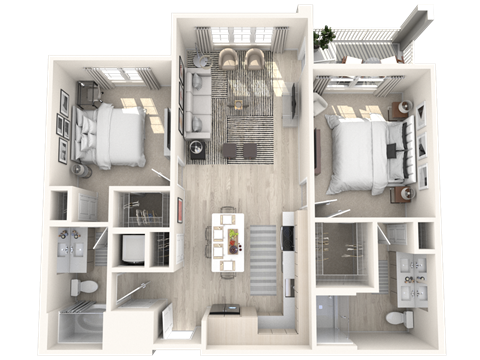 Floor plan for 2 beds, 2 baths, 1057 sqft